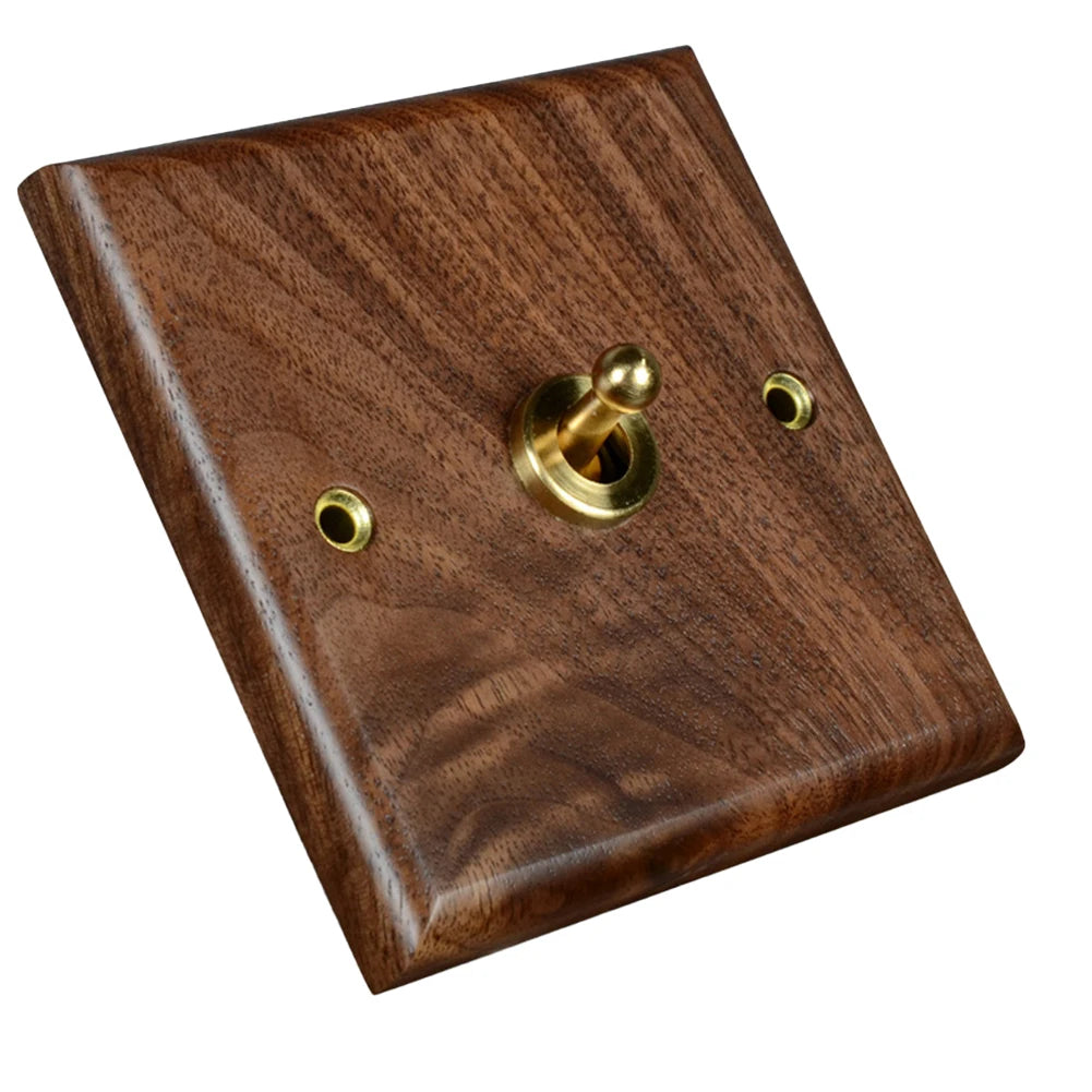 plaque finition bois moderne interrupteur gang marron doré anneaux poussoirs minimaliste