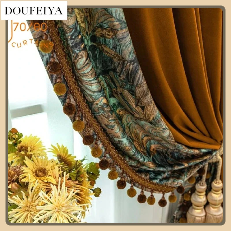rideau velours épais motif floral marron vert beige classique élégant pompons dorés