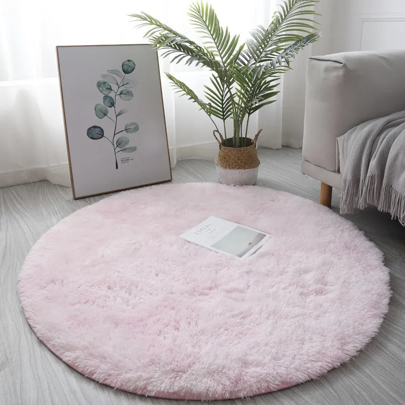 tapis rond peluche douce moderne blanc rose bleu salon chambre décoration extérieur sdb toilette