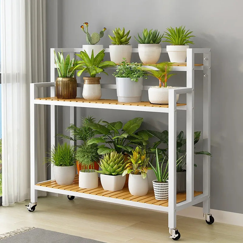 étagère plantes bois métal roulettes meuble jardin intérieur blanc moderne
