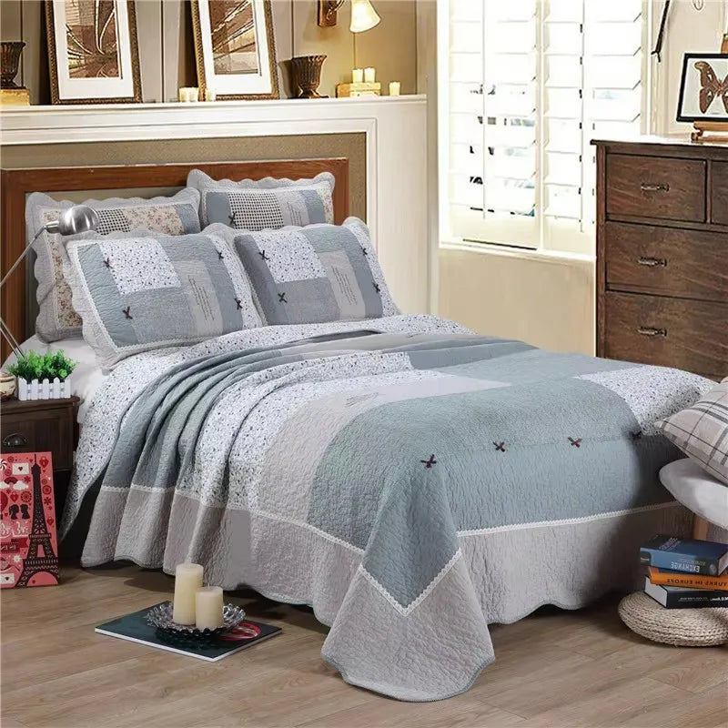 couvre lit patchwork coton floral vert beige rose matelassé maison hiverversible machine laver