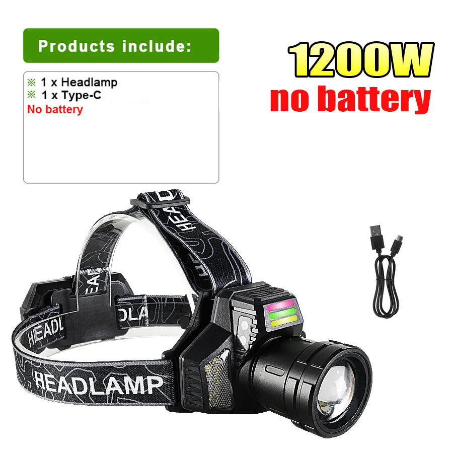 lampe frontale led rechargeable puissante 45w batterie 18650 camping pêche randonnée haute luminosité adjustable