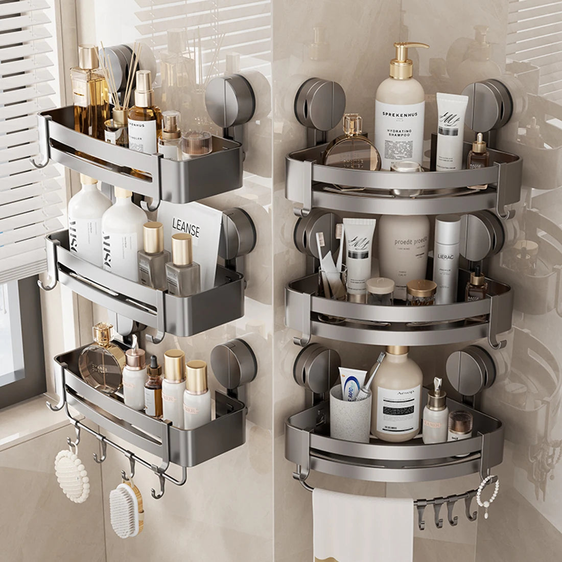 étagère salle bain angle ventouse aluminium gris moderne rangement douche serviette brosse dents crochets