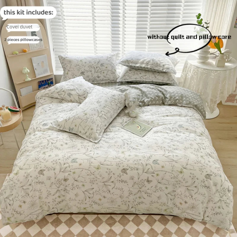 ensemble literie coton fleurs papillons blanc gris vert clair classique romantique doux confortable