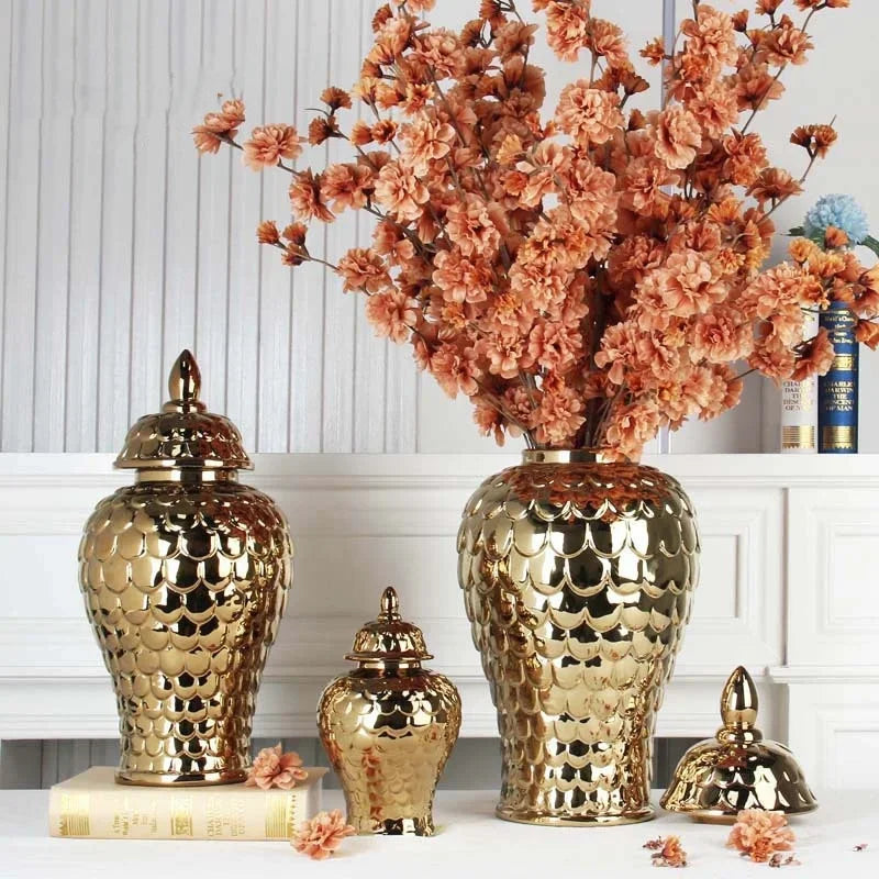 vases décoratifs modernes or blanc argentés motifs ronds couvercles assortis
