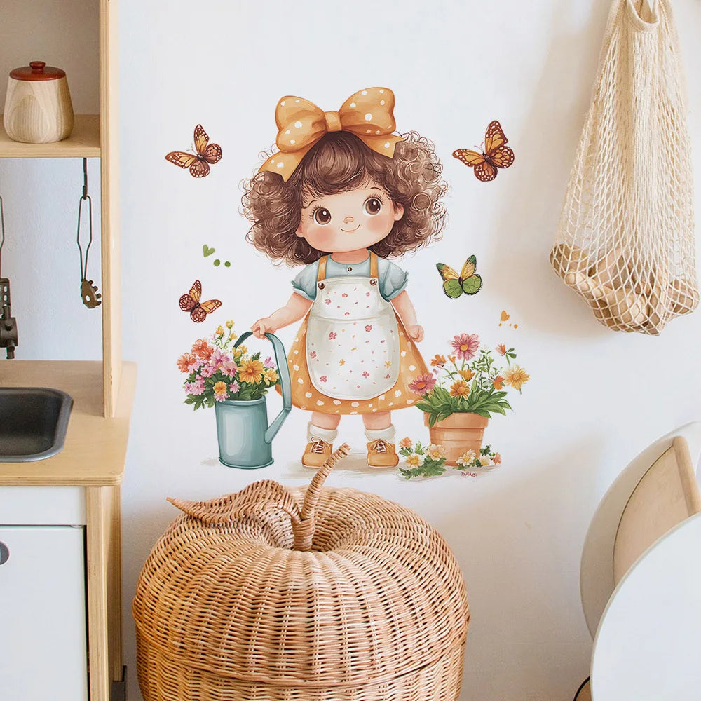 sticker mural dessin animé petite fille fleurs papillons multicolore adhésif résistant eau chambre enfant