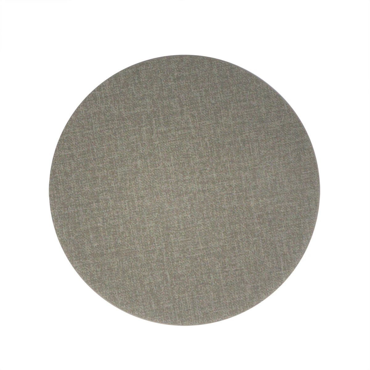 Un tapis rond texturé, avec une surface gris taupe uni et un aspect tissé subtil.