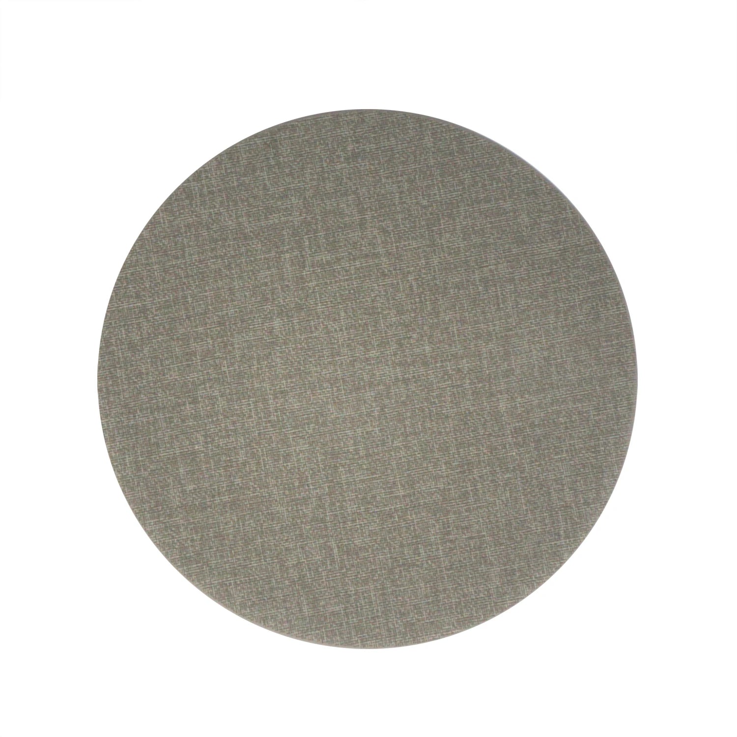 Un tapis rond texturé, avec une surface gris taupe uni et un aspect tissé subtil.