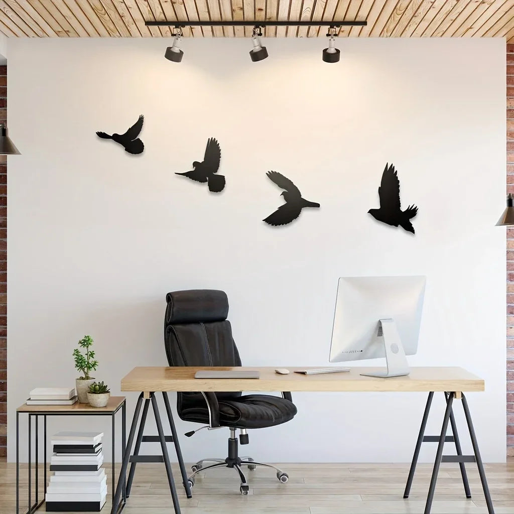décoration murale moderne oiseaux métal silhouettes volantes adhésives noiresintérieur extérieur pièces