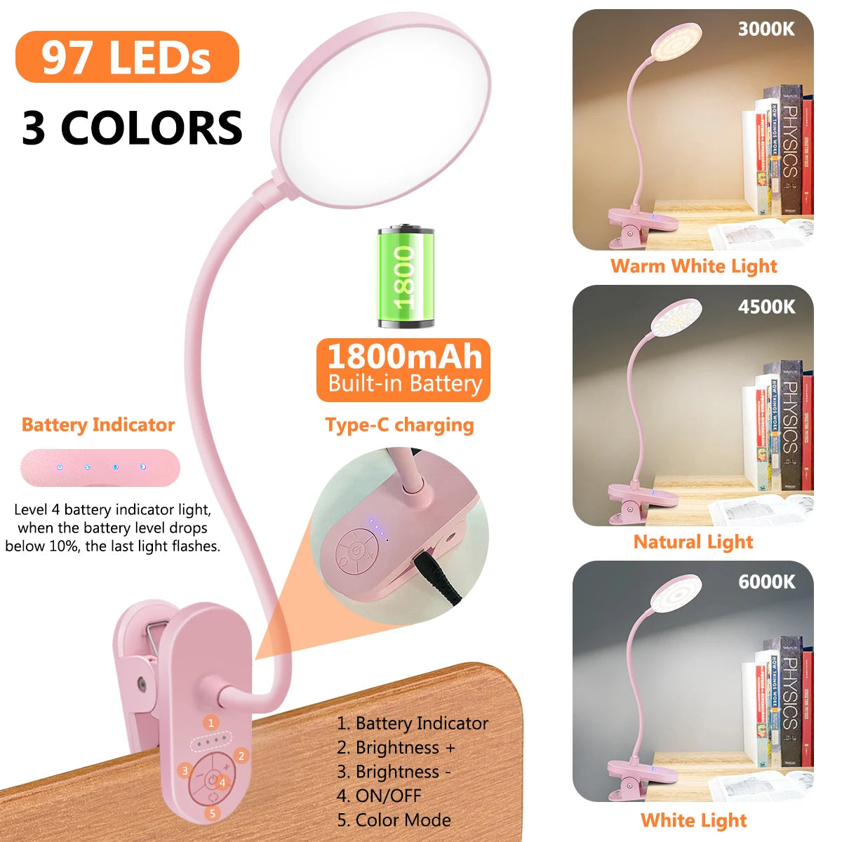 lampe table rechargeable rose pinces moderne couleurs ajustable batterie intégrée