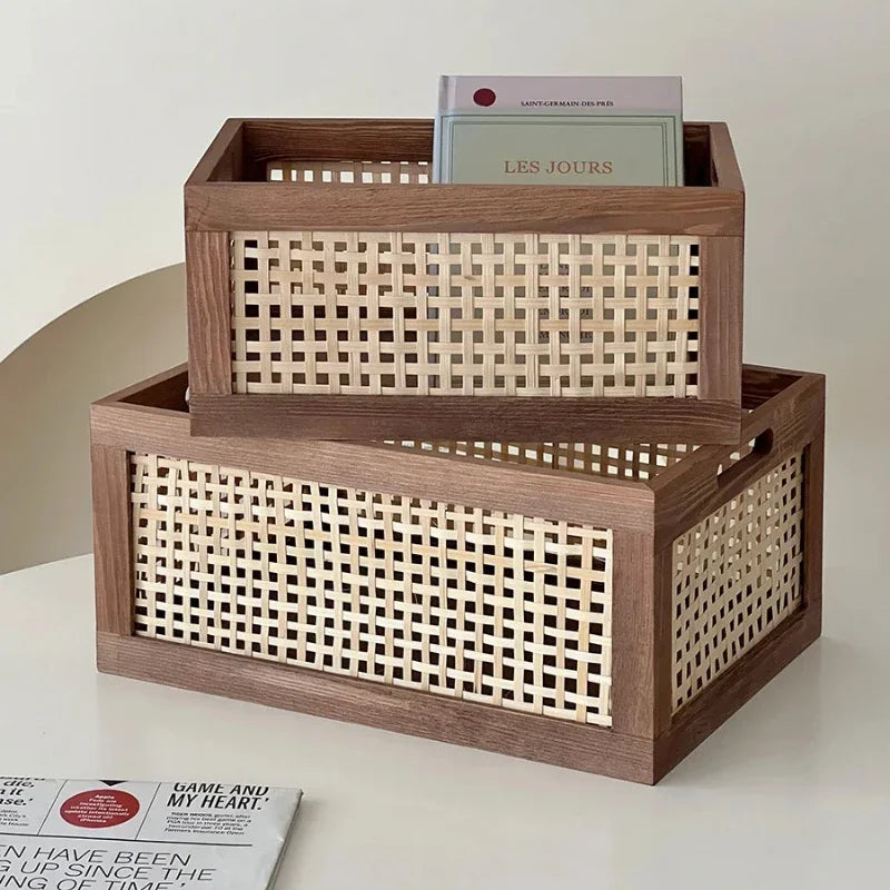 panier rangement bois marron tissu géométrique moderne rustique pliable