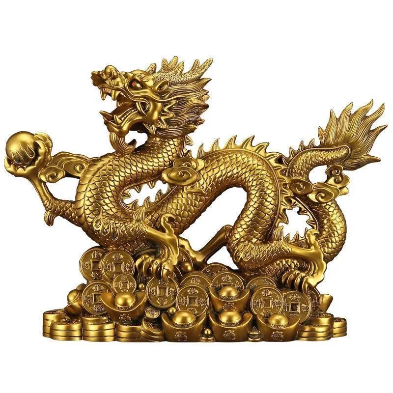 statue dragon doré feng shui pièce ancienne or rouge émailléintérieur décoration maison traditionnelle chinese