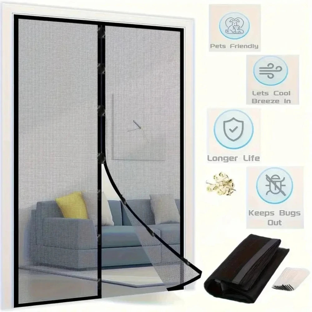 rideau porte anti moustiques aimants noir maille fine moderne clips cordon opacité 210cm