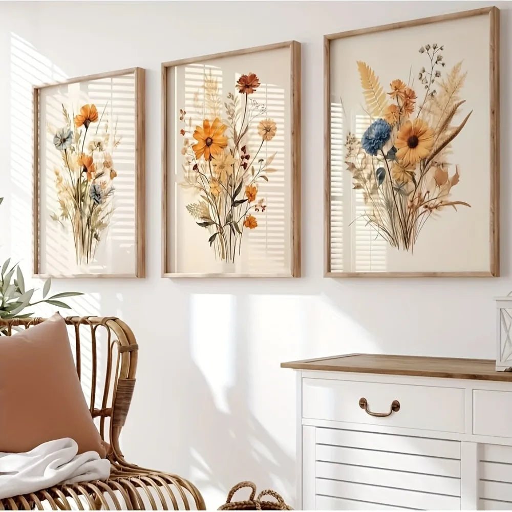 toiles d'art abstrait fleurs séchées classique rustique beige marron orange bleu blanc sans cadre