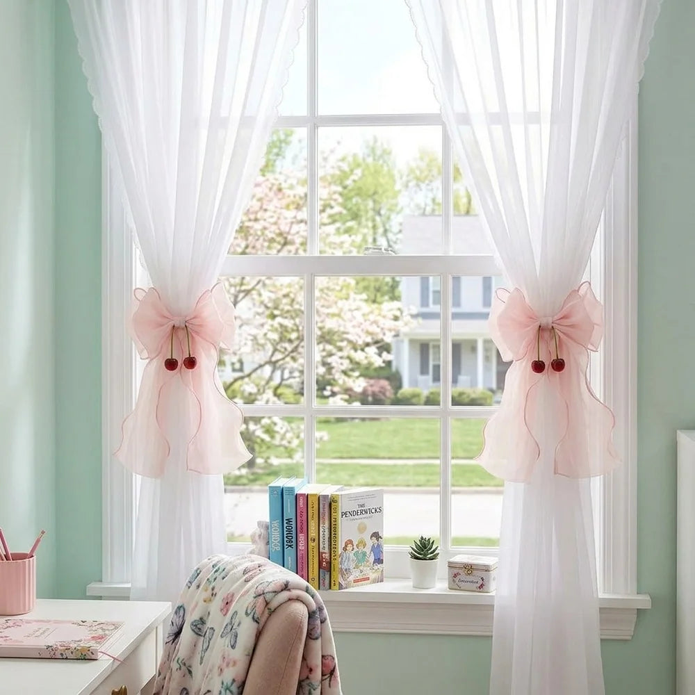 accessoires rideaux decoration maison rose rouge blanc rubans texturés semi transparents
