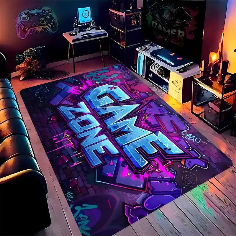 tapis violet bleu moderne graffiti lettre 3d adhésif salon décoration urbaine polyester polypropylène rectangle