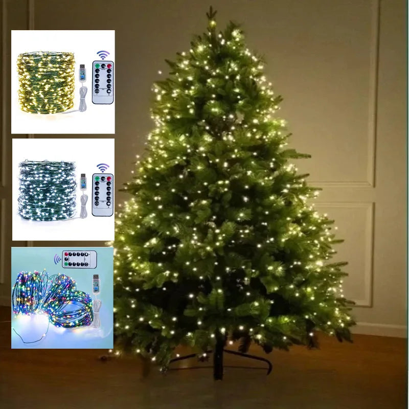 guirlande lumineuse led noel 5m 10m 20m fil cuivre vert moderne télécommande usbDecorationNoelBatterieSèche