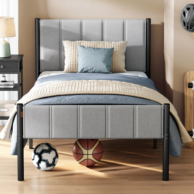 Cadre de lit simple 90x190 cm avec tête de lit rembourrée gris tourterelle, design minimaliste