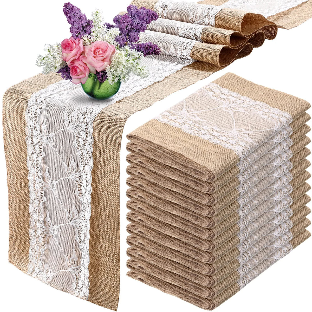chemin table patchwork brodé dentelle blanche tissu burlap rustique chic serviettes assiettes couverts vases