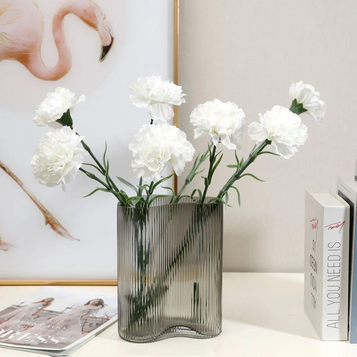 bouquet fleurs artificielles soie mariage anniversaire baby shower décoration intérieure vase transparent rose blanc