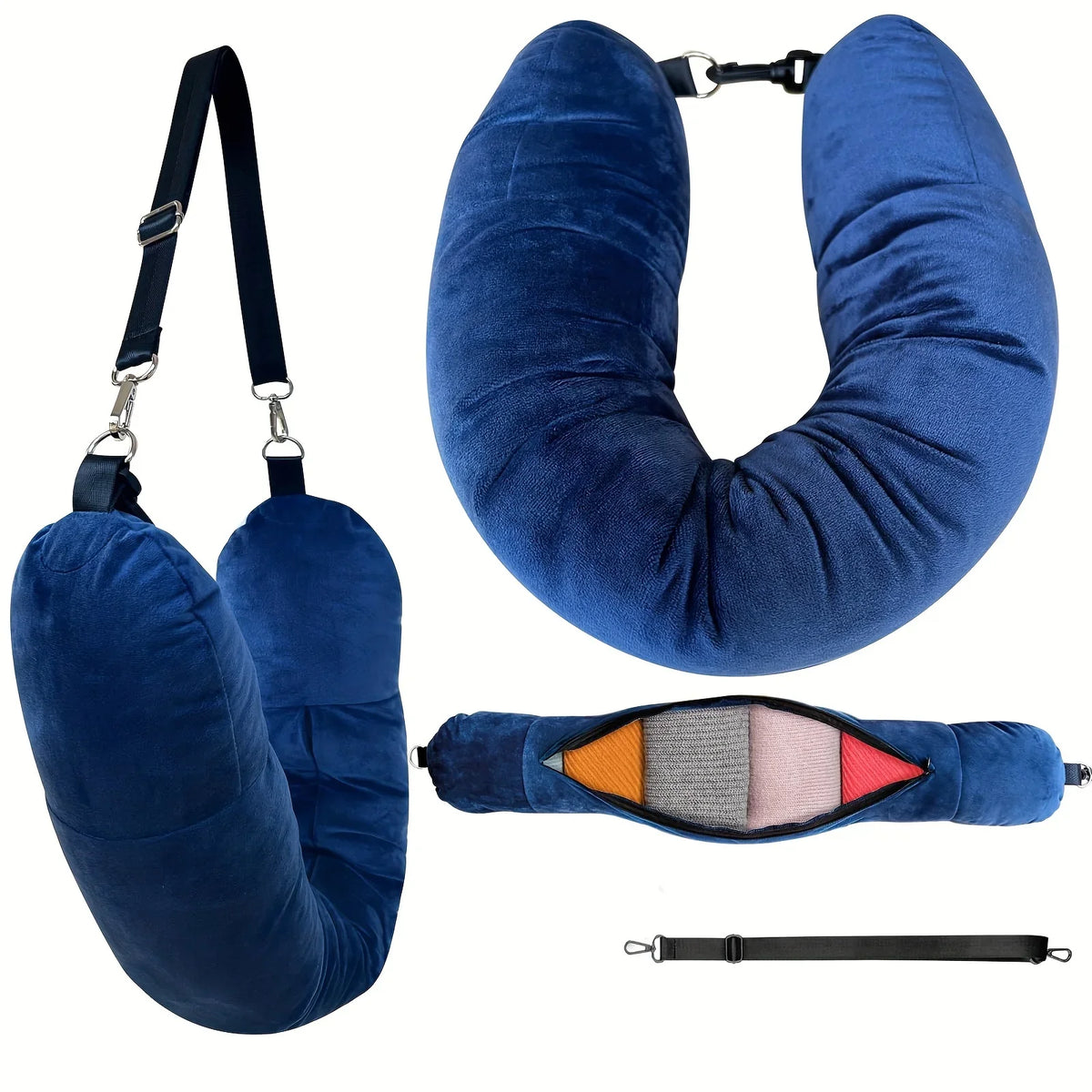 coussin voyage forme velours noir bleu marine ajustable confortable portable pliable sac rangement