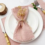 serviettes table coton rose pâle rustique franges ruban fleurs séchées