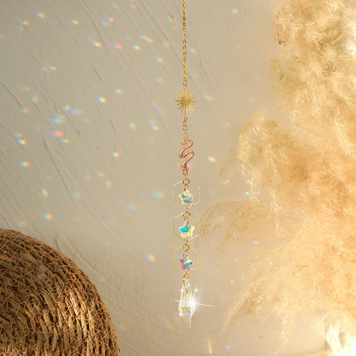 suspension décorative attrape soleil cristal lune soleil étoiles boho extérieur intérieur or transparent
