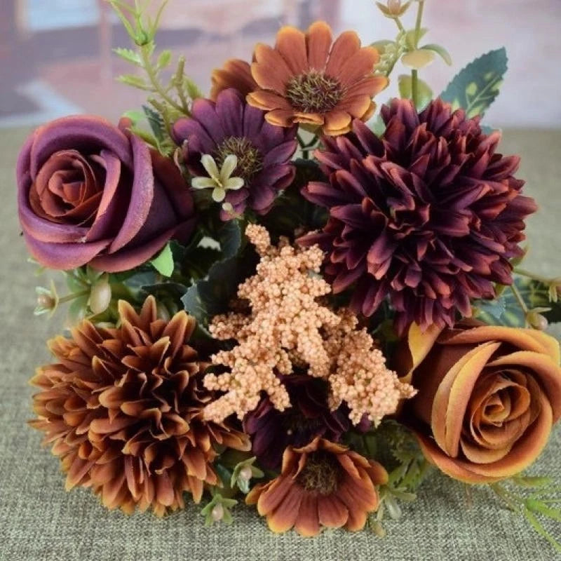 bouquet fleurs artificielles vintage intérieur décoration maison rouge blanc rose orange marron
