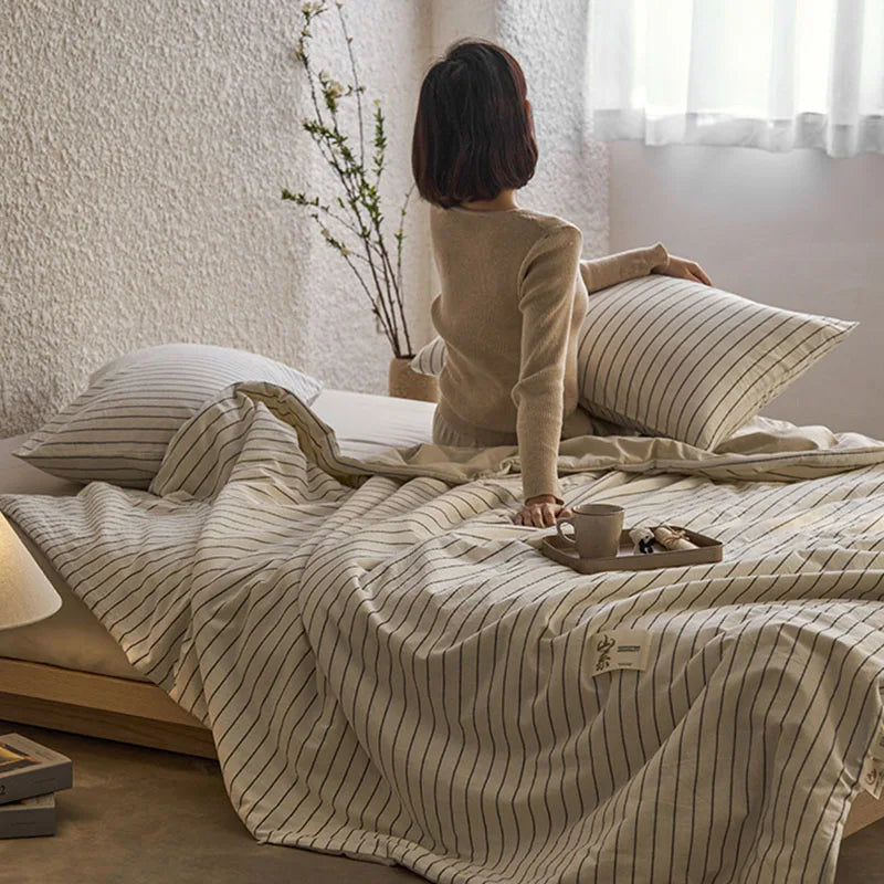 couette été coton 100% rayée beige verte simple nordique 150x200cm 200x230cm lavable
