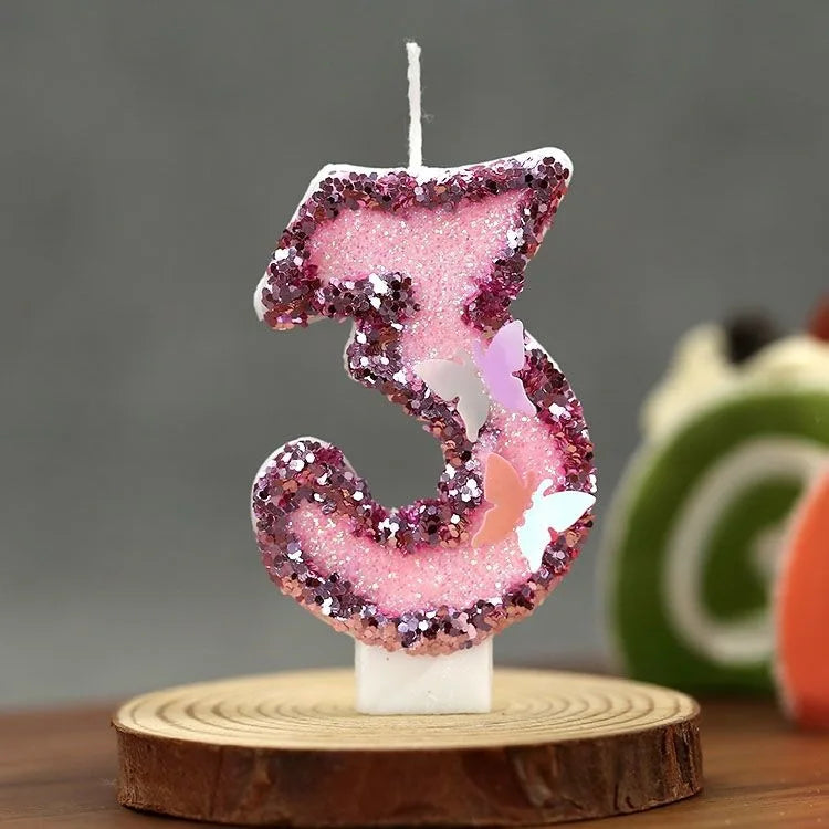 bougies numéraires pailletées rose violet blanc papillons relief décoration fil fixe anniversaire saint valentin