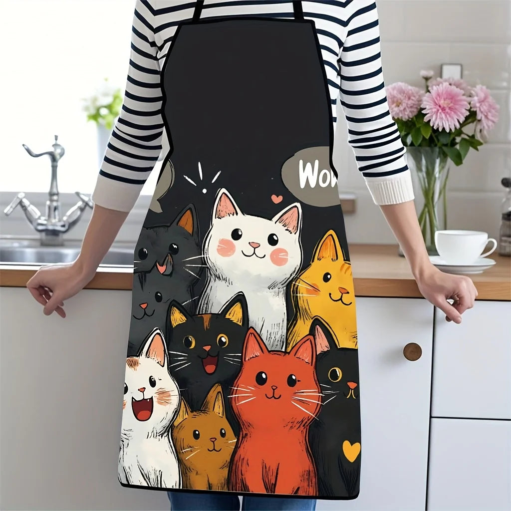 tablier polyester chats mignons noir blanc orange motifs modernes cordon fixations cuisine pâtisserie
