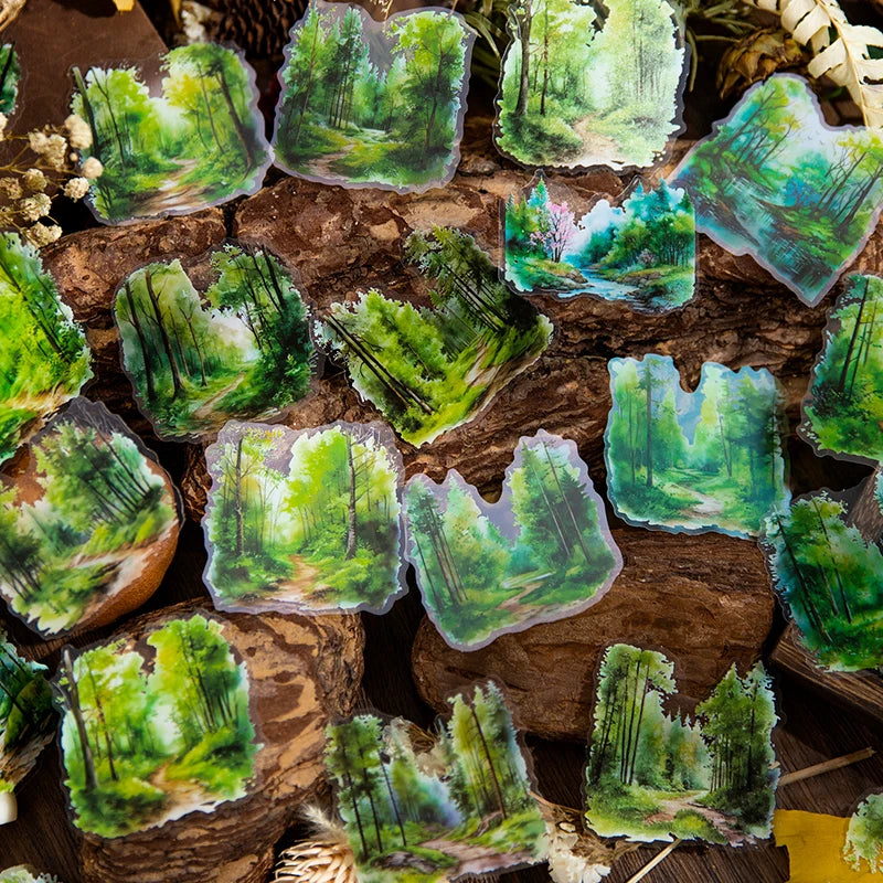 autocollants paysages naturels scrapbooking bricolage opaques vert bleu blanc rose marron jaune gris forêt