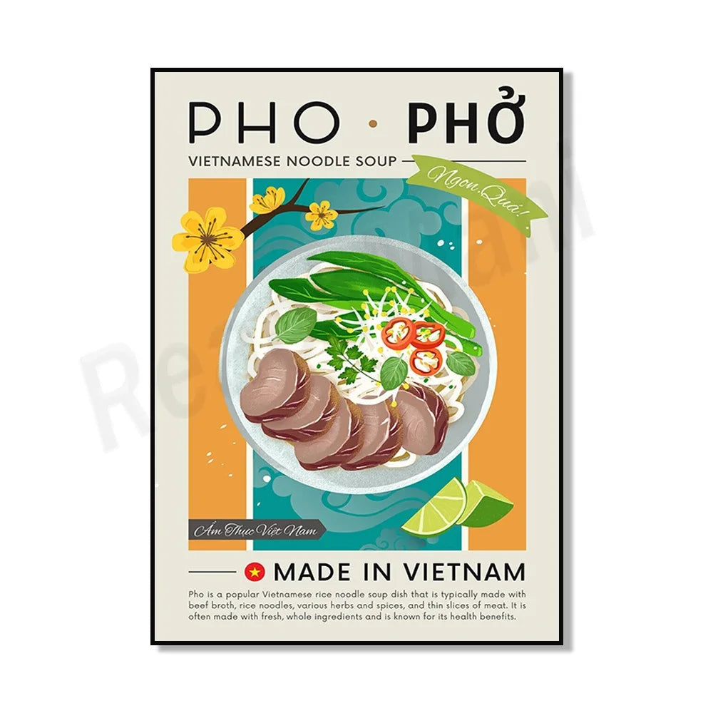 L'affiche vibrante met en valeur le délicieux plat vietnamien de soupe aux nouilles de riz Pho, avec ses ingrédients frais et ses bienfaits pour la santé.