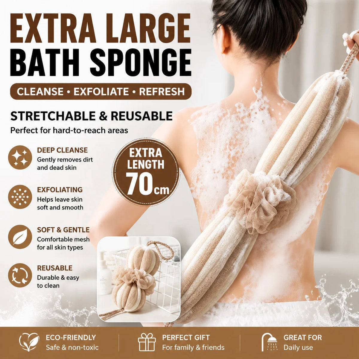 gant bain exfoliant moderne cordelette rayures horizontales beige rose gris clair
