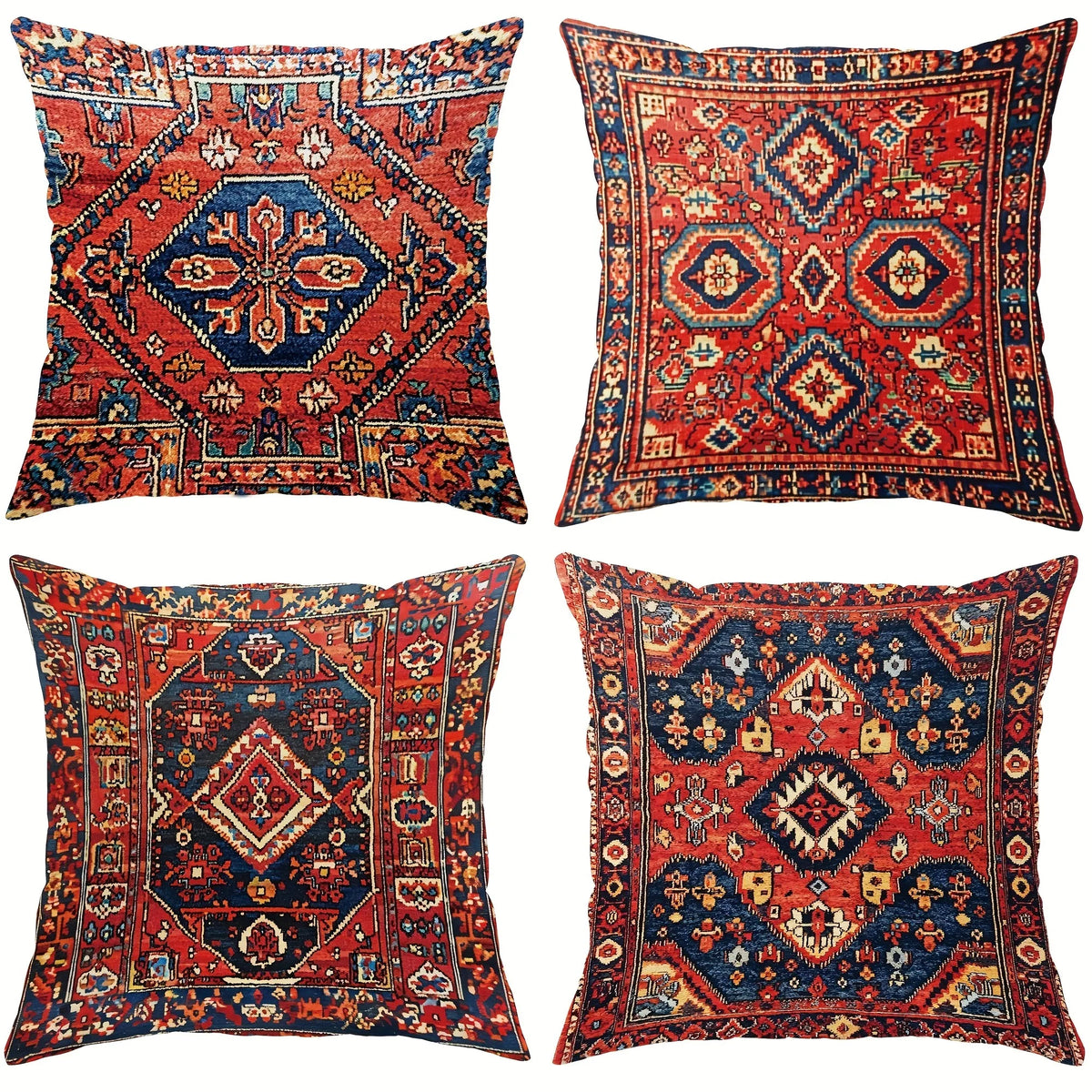 housse coussin ethnique motif géométrique rouge bleu polyester tissage artisanal zipper décoration canapé lit