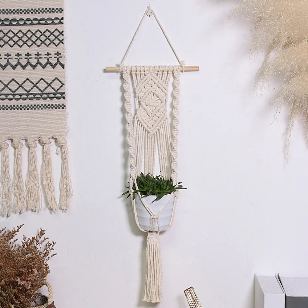 décoration boho macramé suspendu anneaux bois cordes naturel nœuds simples géométriques