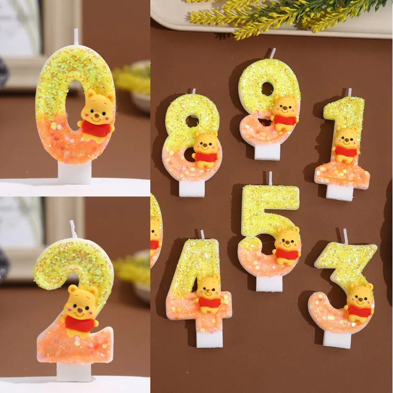 bougies anniversaire chiffre winnie ourson sequins dorés jaune orange blanc