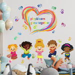 sticker mural cartoon multicolore personnages souriants main coeur arc ciel adhésif chambre salon