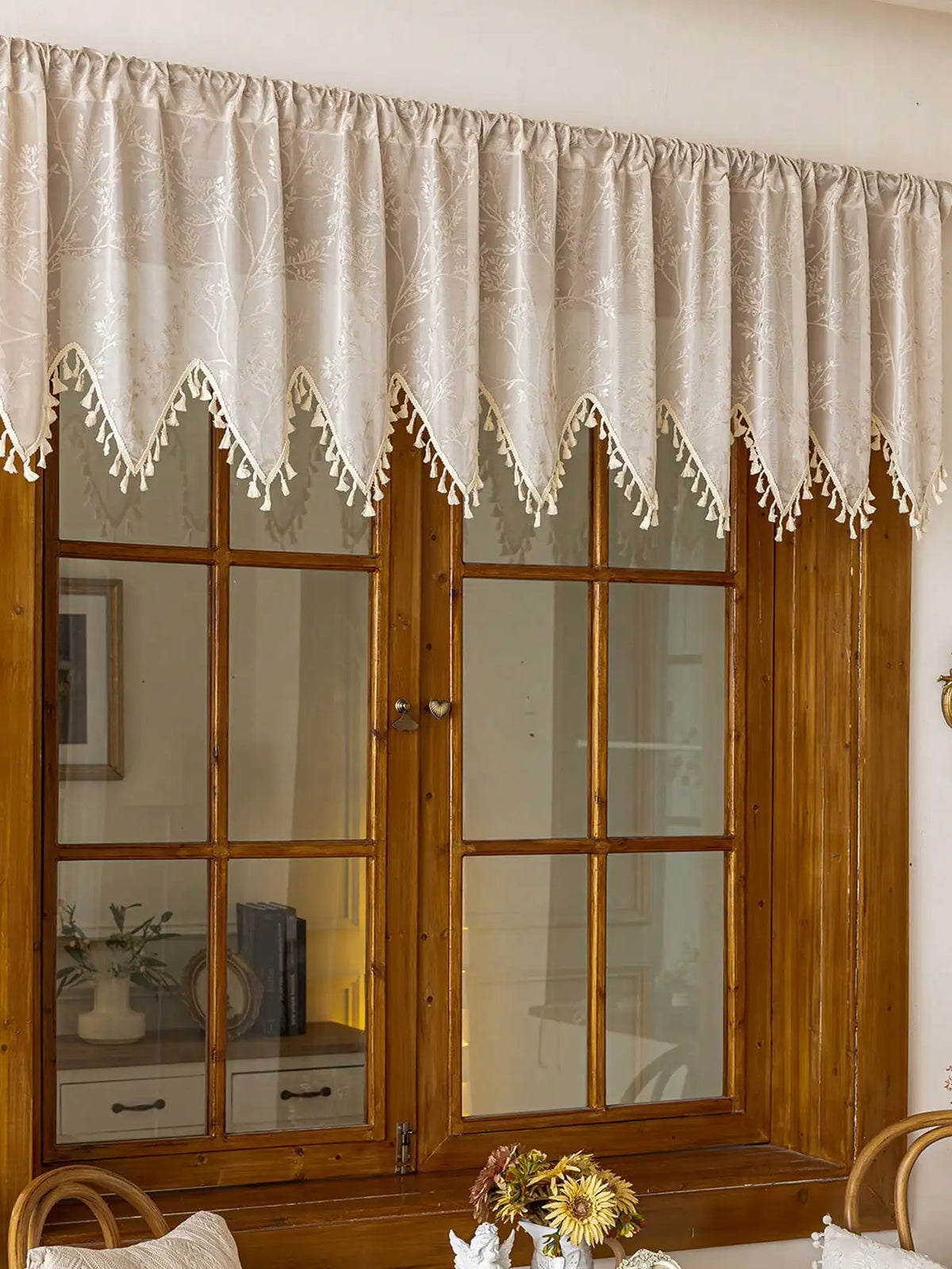 rideau semi transparent polyester imprimé floral tassel beige classiqueintérieur decoration