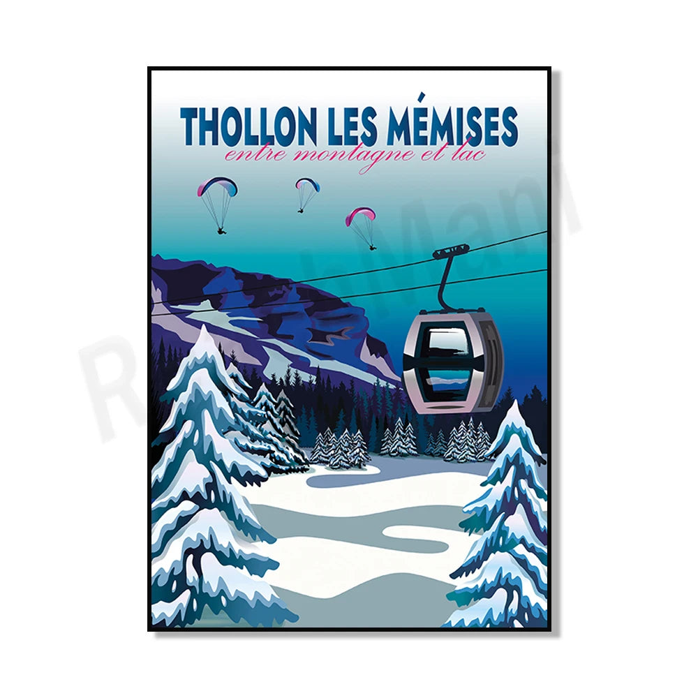 Affiche vintage représentant les paysages enneigés de Thollon les Mémises, station de montagne et de ski, avec des parapentes et un téléphérique survolant la scène.