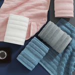 serviettes coton 100% rayures horizontales blanc rose gris bleu absorption élevée face main 35x35cm