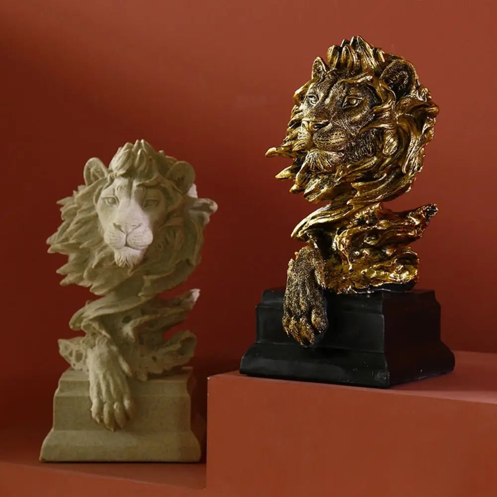 statue lion décorative bois imitation détaillée moderne ornement entrée beige doré argenté