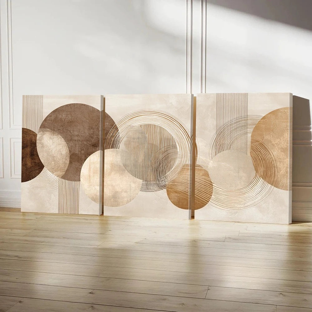 tableau abstrait moderne beige marron gris cercles concentriques lignes parallèles sans cadre impression toile