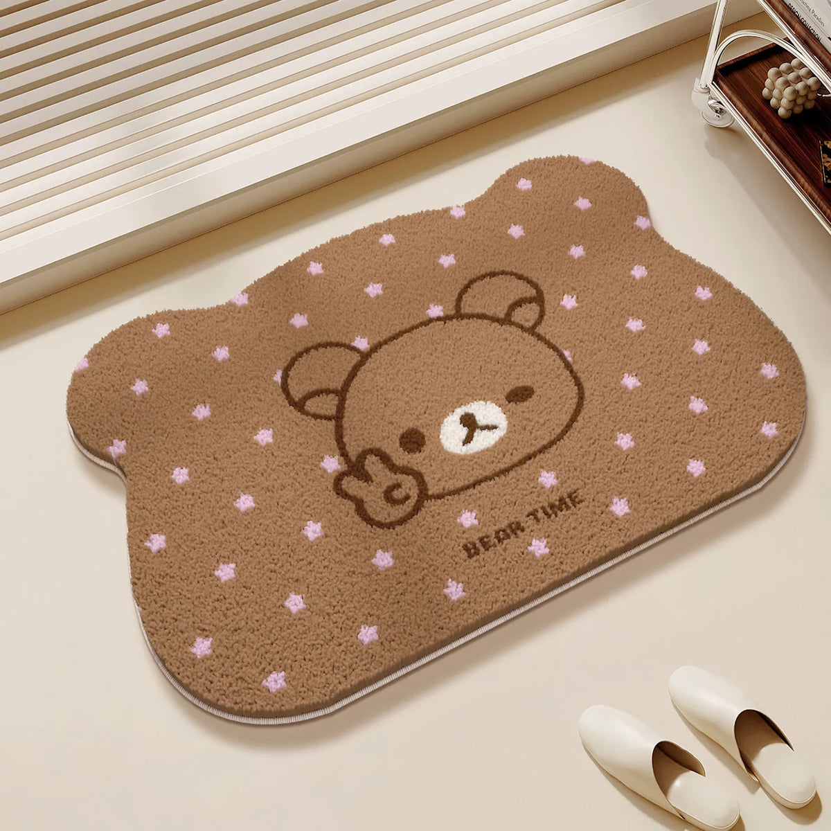 tapis sol marron blanc noir rose bleu bébé ours chapeau pois herringbone cartoon chambre