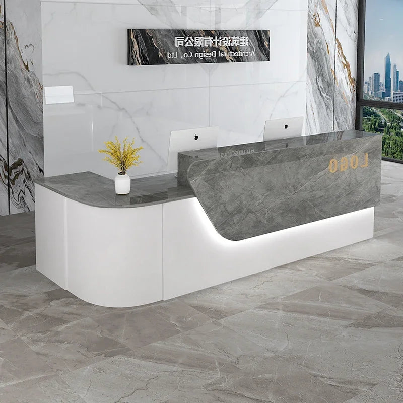 comptoir accueil moderne blanc tiroirs rangement mobilier commercial luxe minimaliste