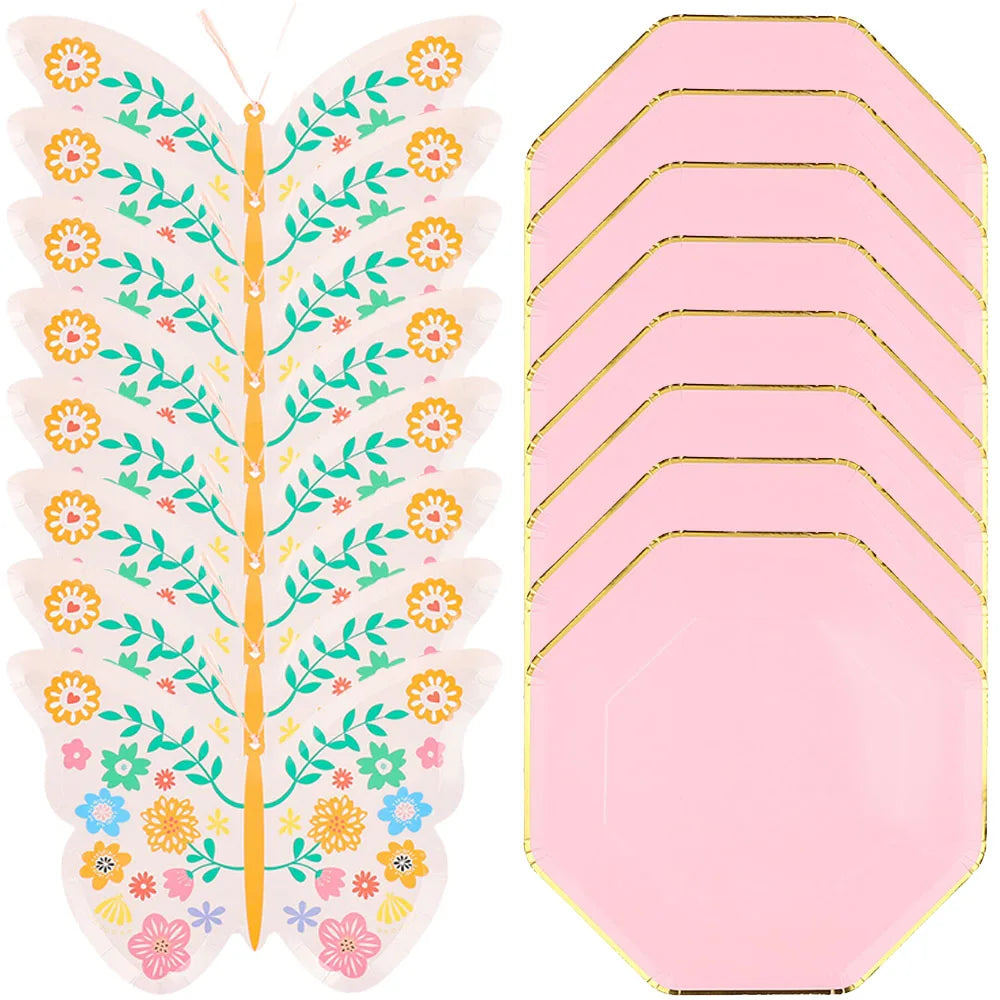 assiettes papier fleur papillon rose clair doré festives octogonales pouces papillons