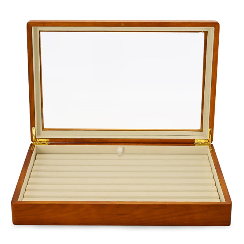 boîte bijoux bois marron clair intérieur beige simili cuir rangement display stackable organizer anneaux