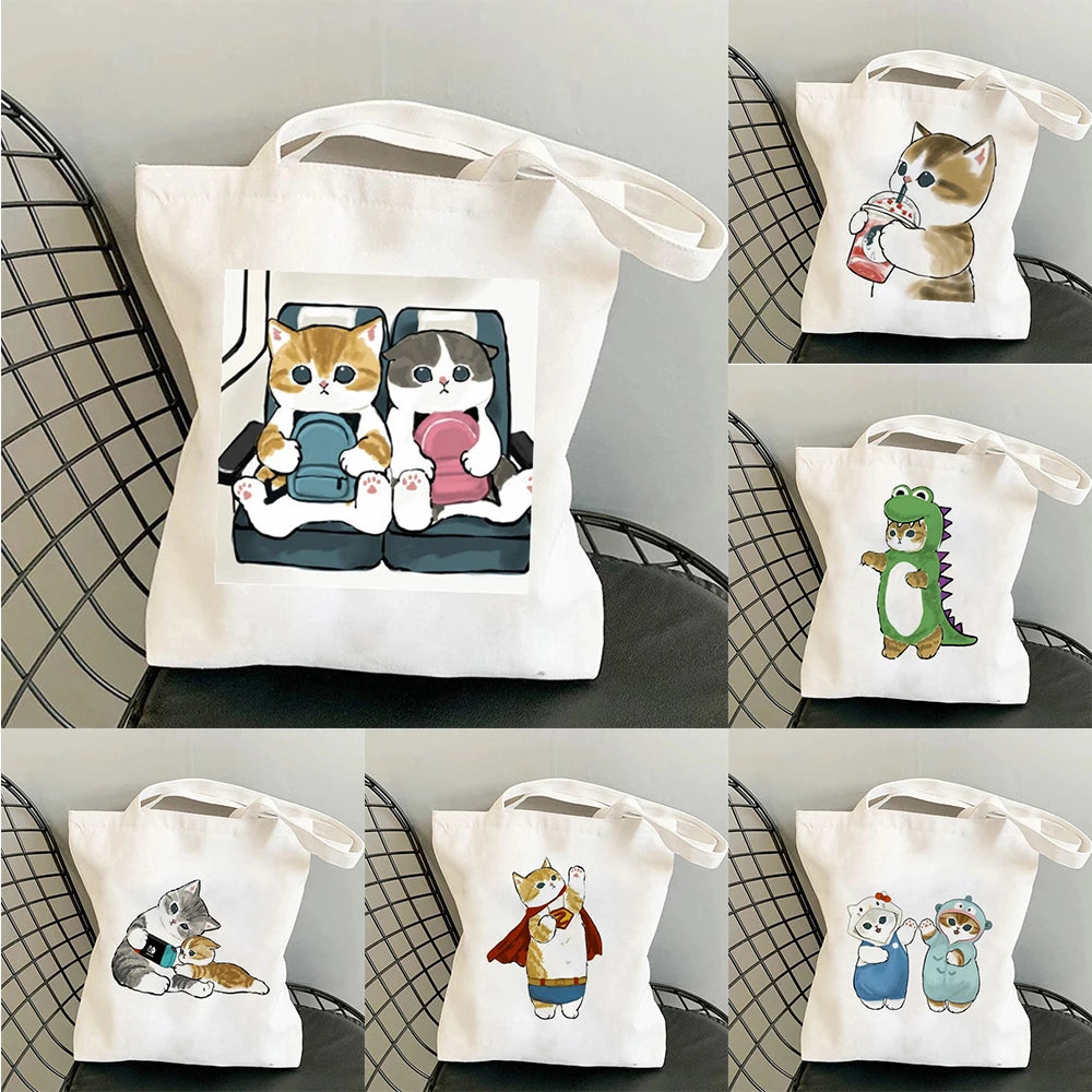 sac main toile blanc chats cartoon poignées détachables fourre tout durable réutilisable quotidien essentialsécole