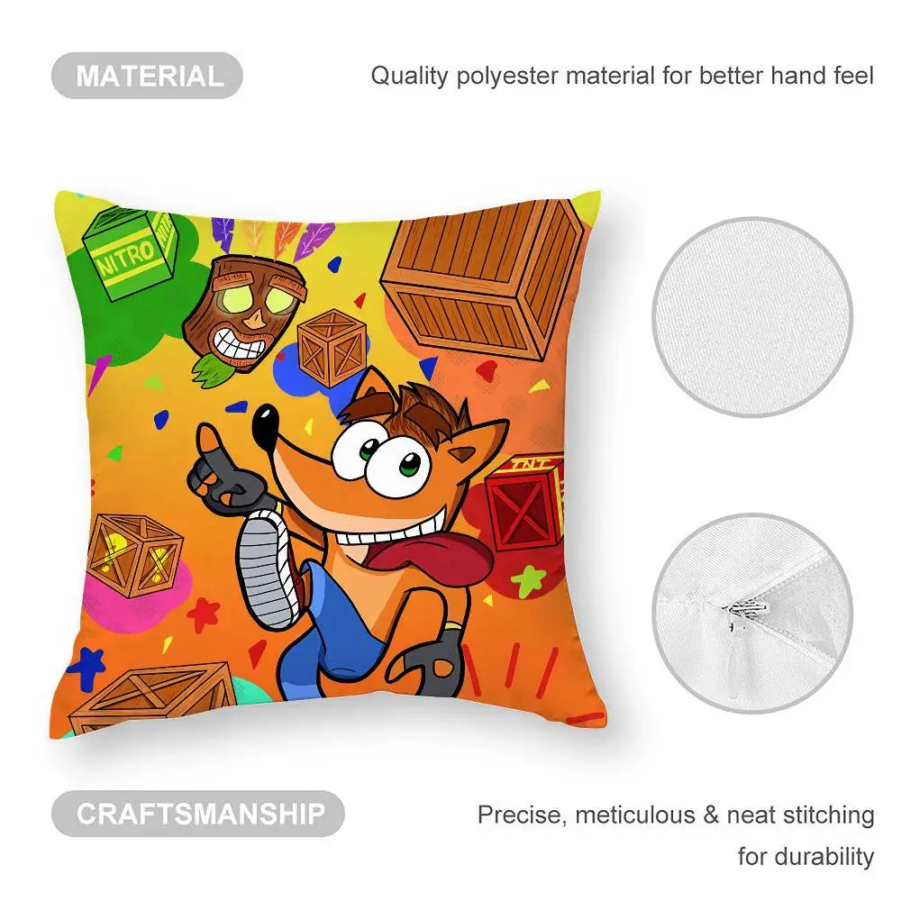 coussin décoratif carré crash bandicoot microfibre peluche cartoon orange bleu chambre salon enfant