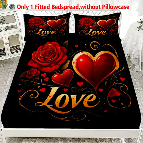 housse couette romantique imprimée roses rouges coeurs love élégante coton polyester noir rouge doré